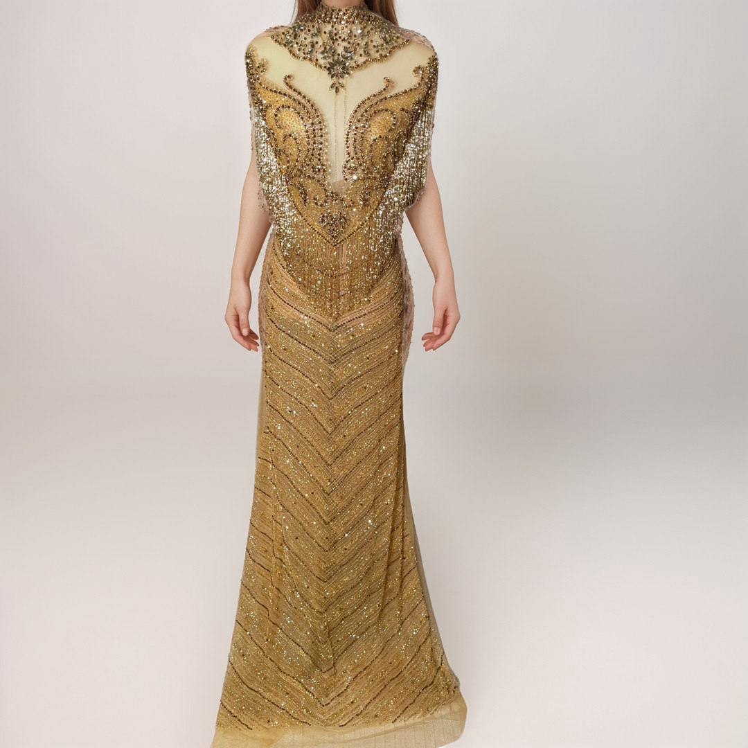 Golden Tulle Dress with Crystal Embellishments & Shoulder Fringes (Unstitched)