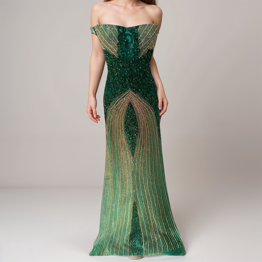 Couture Emerald Green Tulle Dress with Golden Rhinestones & Crystals (Unstitched)