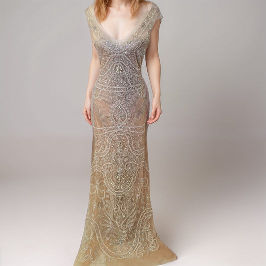 Elegant Silver Embellished Tulle Dress (Unstitched)