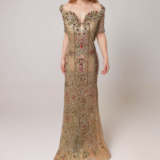 Dress with Red Stones, Golden & Silver Rhinestones (Unstitched)