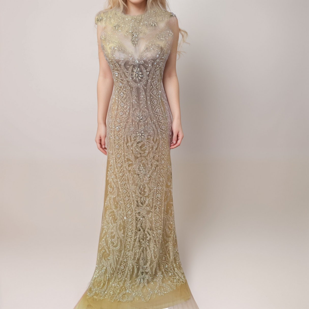 High-Neck Dress with Crystal Embellishments (Unstitched)