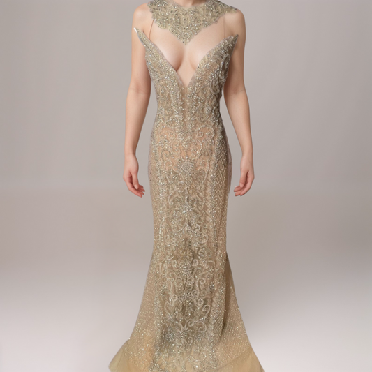 Alluring High-Neck Nude Tulle Dress with Rhinestones & Crystals (Unstitched)