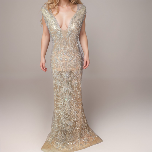 Dazzling Nude Tulle Dress with Rhinestones & Crystals (Unstitched)