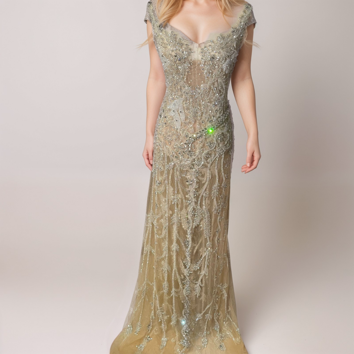 Dazzling Nude Tulle Dress with Shimmering Crystal Embellishments (Unstitched)