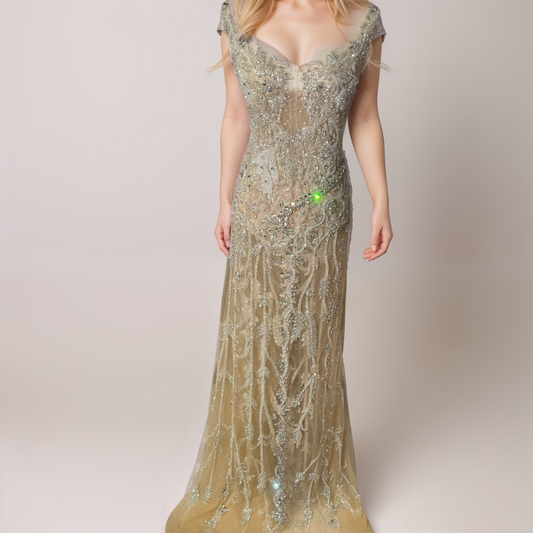 Dazzling Nude Tulle Dress with Shimmering Crystal Embellishments (Unstitched)