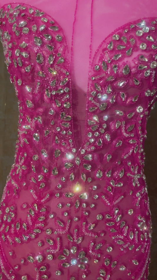 Fucsia and Silver Crystal and Stones Unstitched Dress