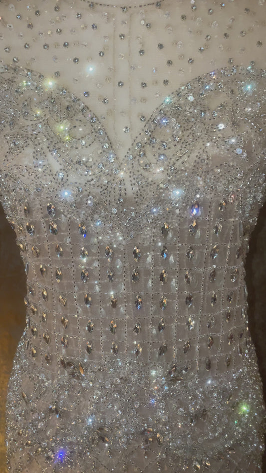 Shiny Tulle Dress with Shiny Silver Crystals & Rhinestones (Unstitched)