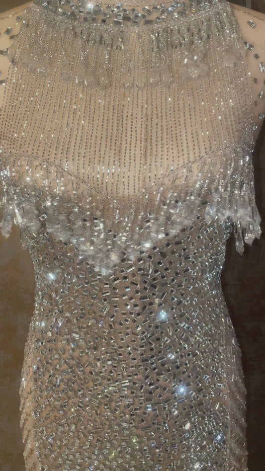 Exquisite Mirror & Crystal Embellishments Unstitched Nude Tulle Dress